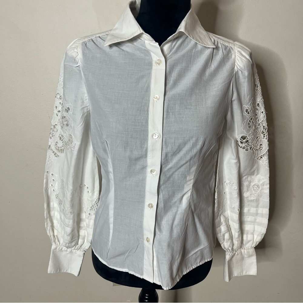 St. Roche Women’s White Embroidered Eyelet Puff Sleeve Button Up Top Sz‎ 2
